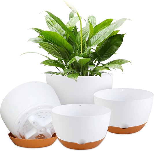 8/8/10/12 Inch Pots for Indoor Plants, 4 Pack Large Self Watering Planters with Drainage and Saucers, Plastic Outdoor Flower Pot(White)