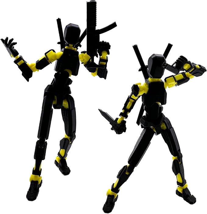 (Assembly Completed) 3D Printed Figure 5.54-inch Dummy13 with Weapon Expansion Set and Bracket, Full Body Mechanical Movable Toy, Desk Decoration. (Black+Yellow)