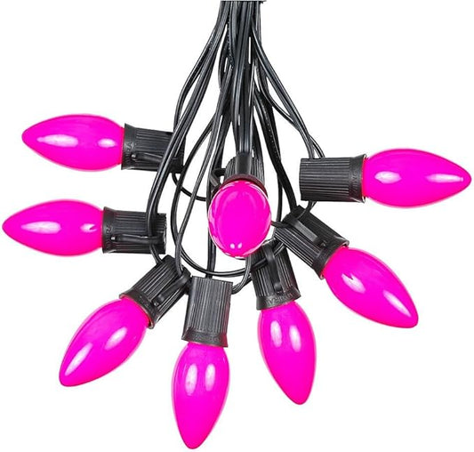 Novelty Lights 25 Foot C9 Pink Ceramic Christmas String Light Set - Outdoor Christmas Light String - – Opaque Christmas Bulbs - Roofline Light String – Outdoor String Lights - Black Wire