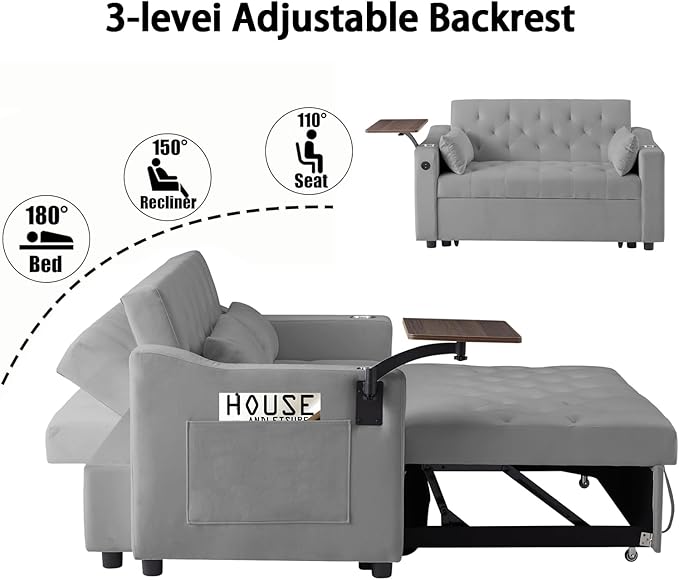 53'' Convertible Sleeper Sofa Bed with Adjustable Backrest, Chaise Lounge, Side Table & Two Pillows – Stylish & Functional Addition to Any Living Room (Modern Grey)