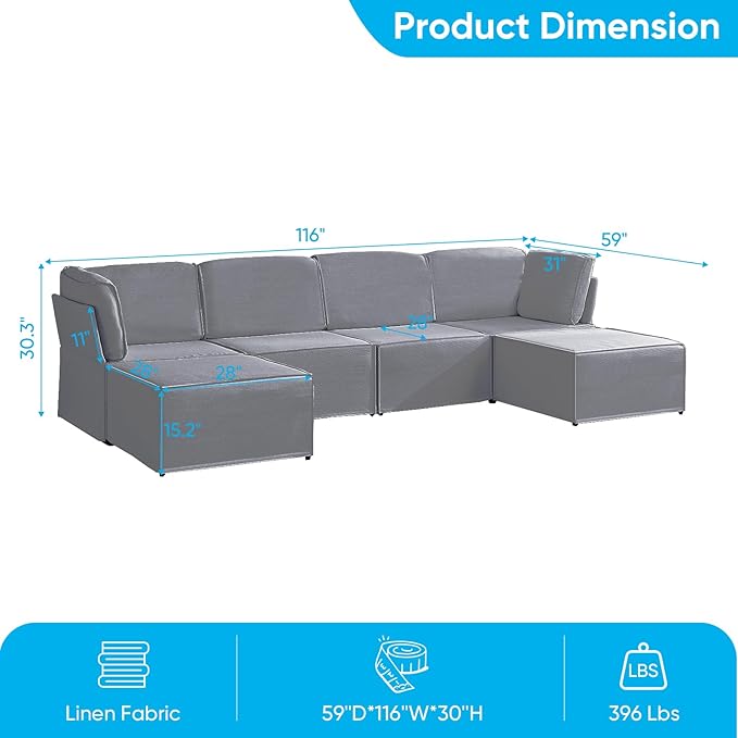 Mjkone 116'' Modular Sectional Sofa, 6-Seat Convertible U-Shaped/L-Shaped Deep Seat Couch with High Density Memory Foam Cushions, Ergonomic Backrests and 2 Movable Ottomans for Living Room, Light Gray