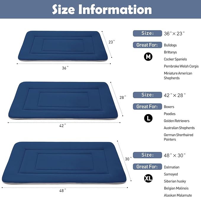JoicyCo Dog Beds Soft Dog Crate Bed Pad Mat, 36 in Non Slip Bottom Washable Beds for Medium and Large Dogs, Pet Bed Mattress Kennel Pad, Dark Blue