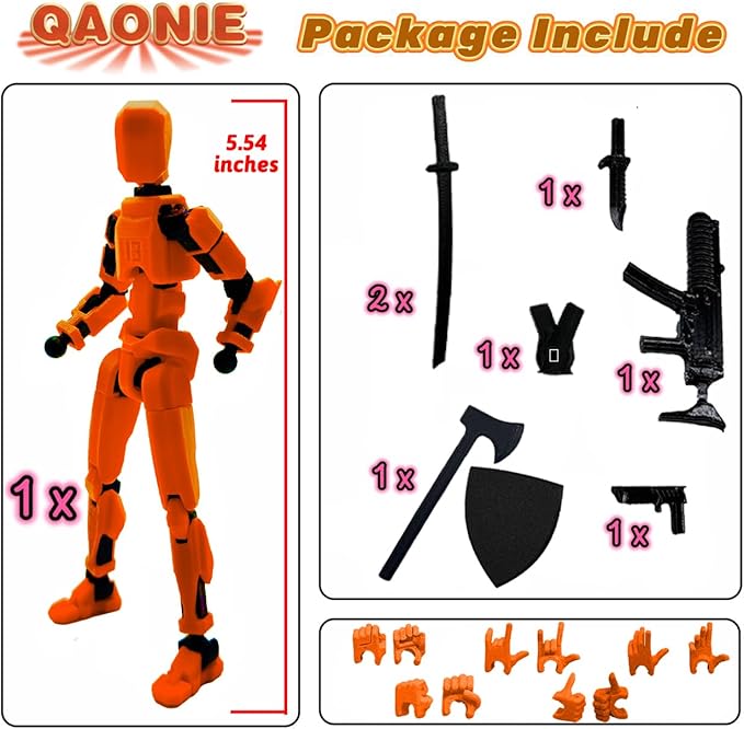 (Assembly Completed) 3D Printed Figure 5.54-inch Dummy13 with Weapon Expansion Set, Full Body Mechanical Movable Toy, Desk Decoration. (Orange)