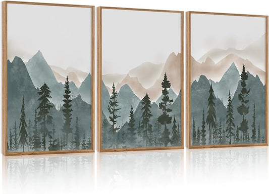 CHDITB Mountain Framed Wall Art Set Of 3,Mountains Woodland Artwork Foggy Forest Wall Decor, Pine Trees Wall Painting,Watercolor Nature Art Prints For Bedroom Living Room Decor(12X16 Inch)