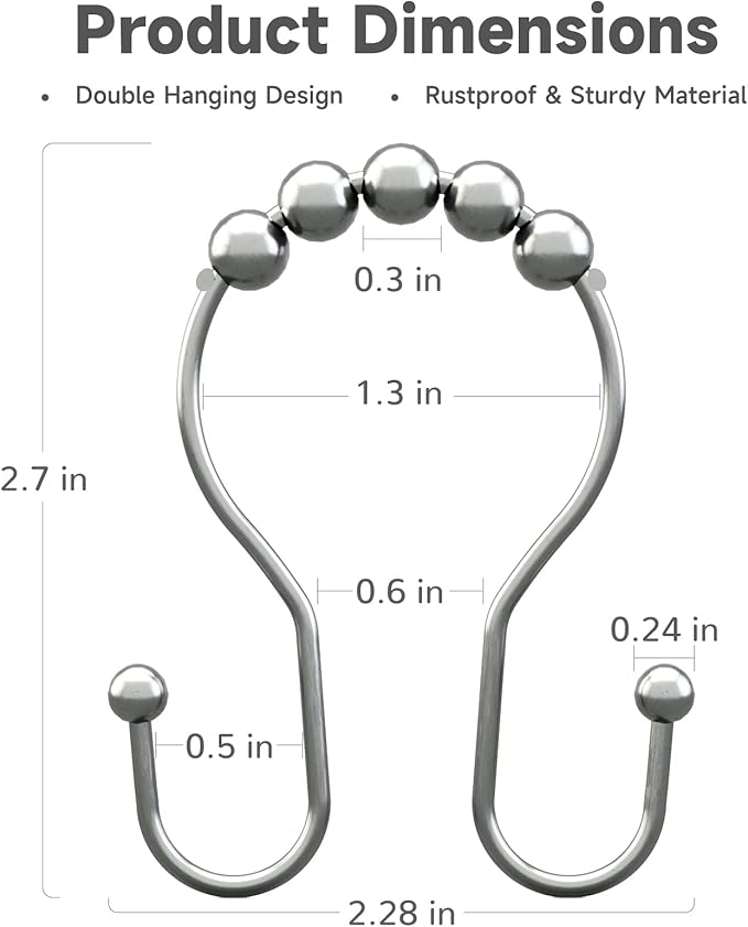 Shower Curtain Hooks Chrome Shower Curtain Rings Rust Proof, Smooth Glide Double Shower Curtain Hooks, 12Pcs Shower Curtain Hangers, Shower Hooks for Shower Curtain Bathroom Shower Rod Hooks
