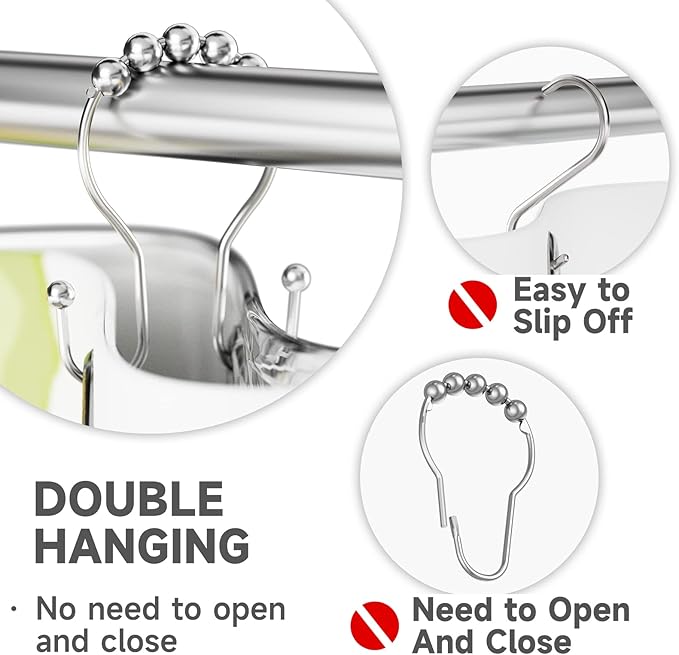Shower Curtain Hooks Chrome Shower Curtain Rings Rust Proof, Smooth Glide Double Shower Curtain Hooks, 12Pcs Shower Curtain Hangers, Shower Hooks for Shower Curtain Bathroom Shower Rod Hooks