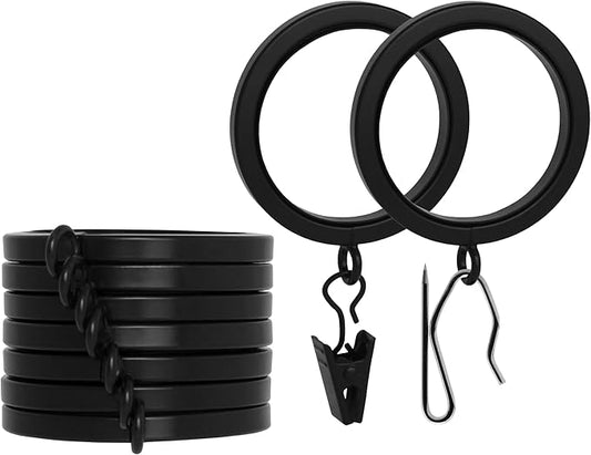BlastHome® Luxury Curtain Rings - Premium Metal with Quiet, Smooth Nylon Inserts - Pinhooks and Clips Included - 1 1/2" Inside Diameter - 9 Rings for One Standard Curtain - Tuxedo Black