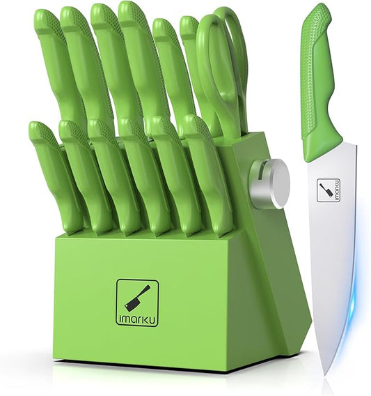 imarku® Knife Set with Block, Sharp Knife Sets with Built-in Sharpener, Japanese Stainless Steel Kitchen Knife Set with Non-Slip Ergonomic Handle, Dishwasher Safe, Best Holiday Gift, Teal Green