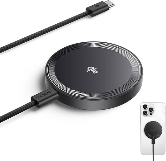 THREEKEY Qi2 MagSafe Charger, Magnetic Charger for iPhone 17/16/15/14/13/12 Series & Galaxy S25 Ultra, Qi2 Wireless Charger Dual-Sided Magnets, 15W Fast Charging Pad with 5FT USB-C Cable (Black)