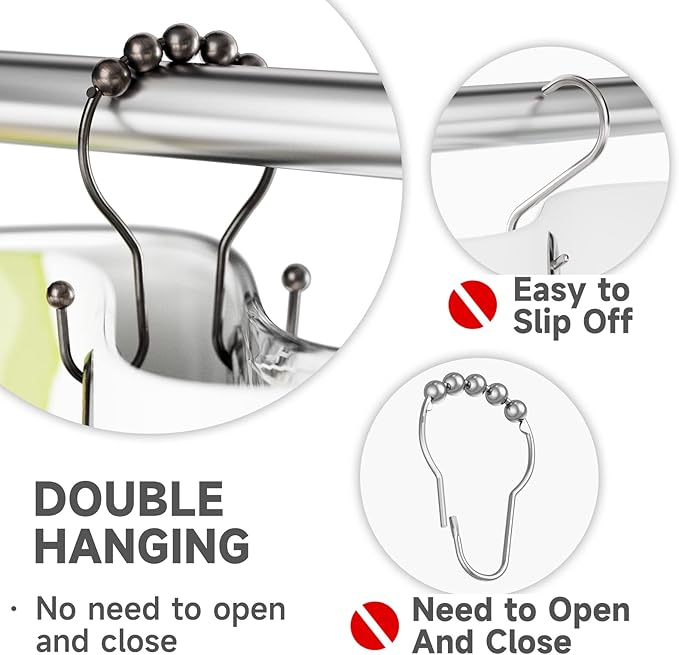 Shower Curtain Hooks Bronze Shower Curtain Rings Rust Proof Double Hook Shower Curtain Hooks, 12 Pcs Shower Hooks for Shower Curtain, Shower Rings for Curtain Bathroom, Metal Shower Rod Hooks
