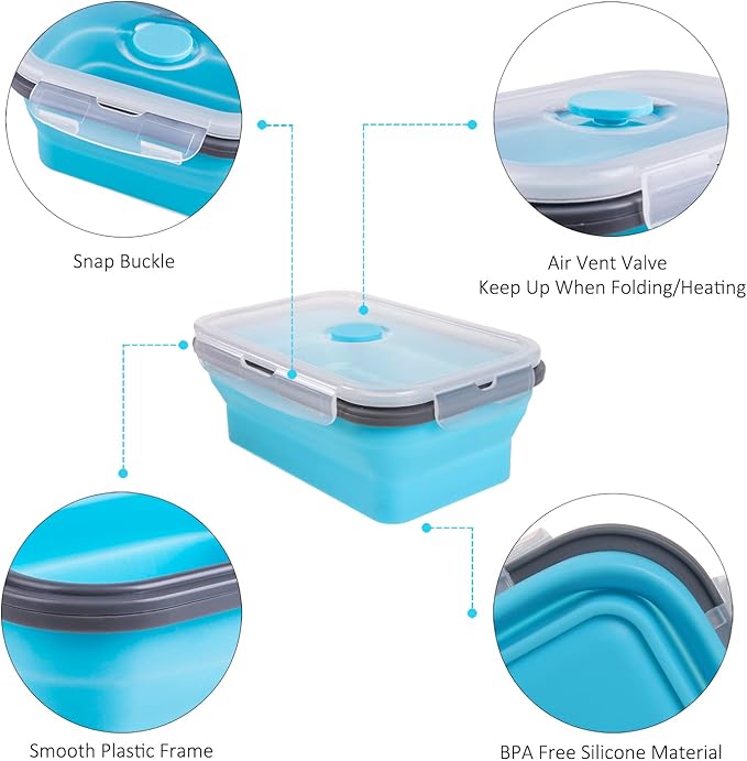 Collapsible Food Storage Containers with Airtight Lid & Vent Valve, 27 oz, Kitchen Stacking Silicone Collapsible Meal Prep Container Set for Leftover, Microwave Freezer Safe, Blue, Set of 4