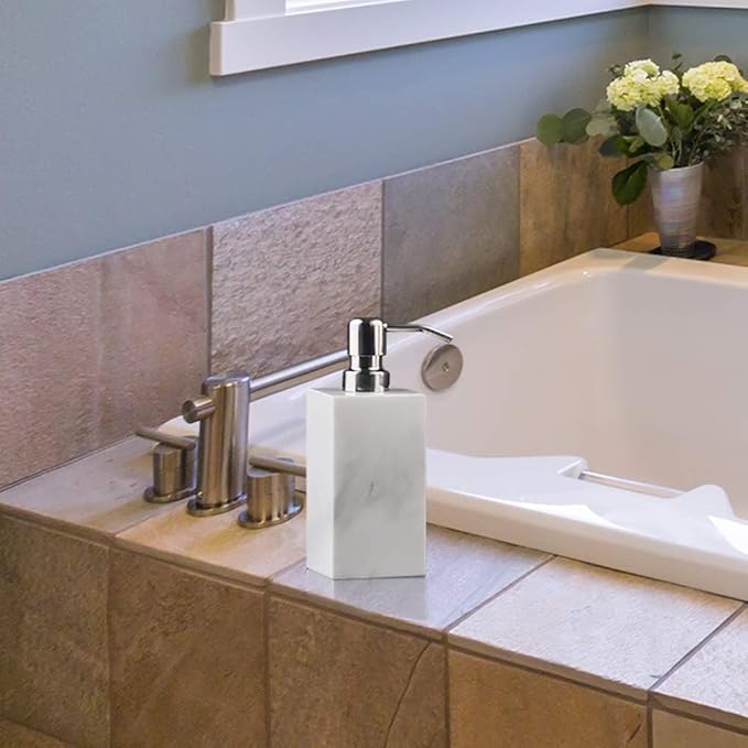 Hand Liquid&Lotion Soap Dispenser Pump Bottle Natural Marble for Kitchen Bathroom Countertop Laundry Room Holds Dish Soap Shampoo Laundry Liquid Shower Gel (Sir White)