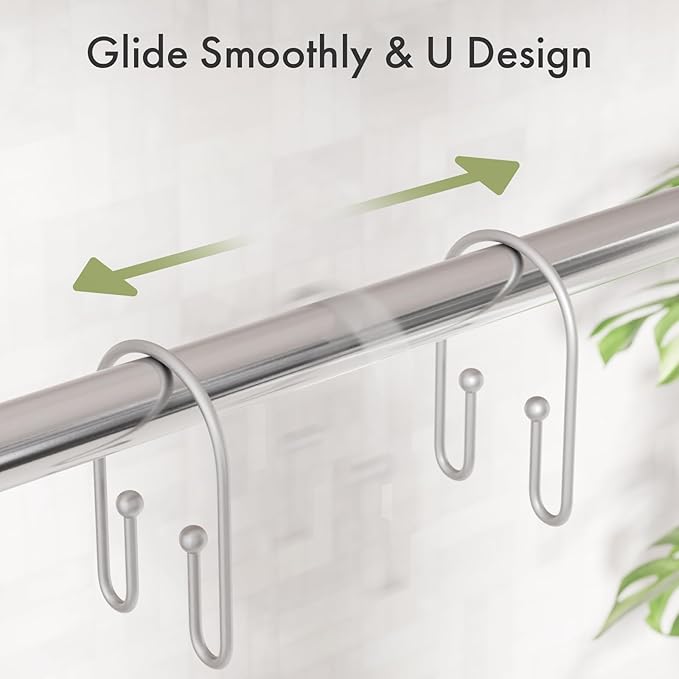 AmazerBath Shower Curtain Hooks, Space Sliver Shower Curtain Rings Rust Proof, Sturdy Double Shower Curtain Hooks Non-Slip Shower Hooks for Shower Curtain, Metal Shower Hooks Ring Bathroom 12Pcs