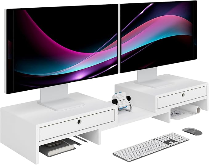 LAPTAIN Wooden Dual Monitor Stand with 2 Drawers, Monitor Stand Riser with Adjustable Length and Angle, Solid Wood Desktop Organizer Stand for Laptop/PC/Computer, No Assembly Required