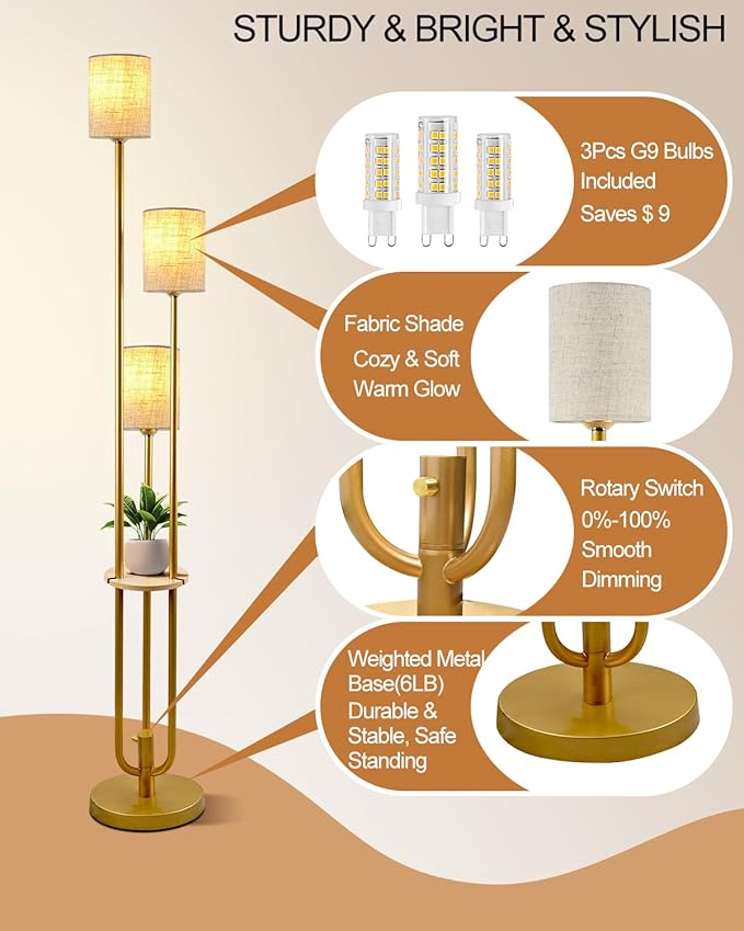Lightdot Floor Lamp with Table and Shelves for Living Room Bedroom Shelf Floor Lamps with Linen Shade Dimmable Standing Lamp Vintage Retro Midcentury Gold Tall Floor Lamp Candle Holder Style