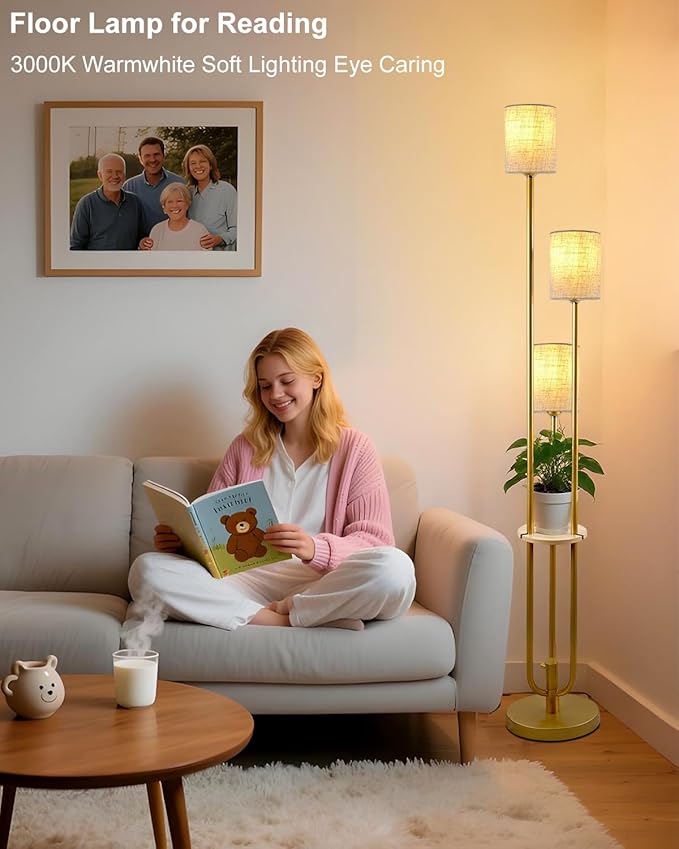 Lightdot Floor Lamp with Table and Shelves for Living Room Bedroom Shelf Floor Lamps with Linen Shade Dimmable Standing Lamp Vintage Retro Midcentury Gold Tall Floor Lamp Candle Holder Style