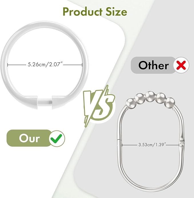 Amazer White Shower Curtain Rings, 24 Pcs Plastic Shower Curtain Hooks, Shower Curtain Hooks Rings for Bathroom Shower Rod, Easy to Snap Closure, O Shape Shower Rings for Curtain