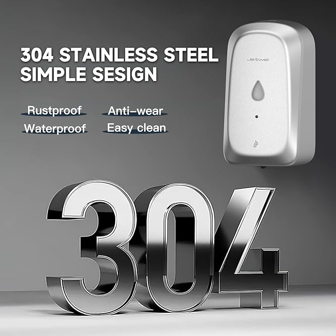 JETWELL Automatic Touch-Less Wall Mount Hand Soap Dispenser Liquid Drop Battery Operated, Brushed Stainless Steel Cover Large Capacity 34OZ/1000ML for Kitchen Home Commercial Bathroom