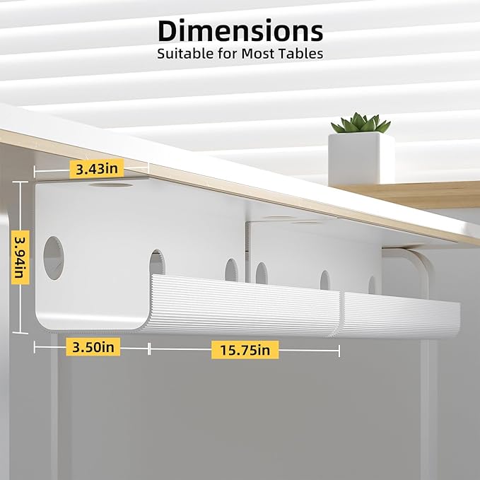 YECAYE Large Under Desk Cable Management,Easy Install Cable Management Under Desk with 4 Cord Holders & 6 Ties,Child & Pet-Safe Cord Hider,Wire Organizer,Wire Cover Tray,White