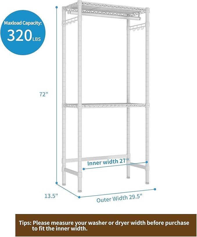 Over Washer and Dryer Shelves,2 Tier Adjustable Height Wire Shelving Laundry Room Storage Organization Clothes Drying Rack with Hanger Rod&Hooks,Space Saving Organizers Shelf,White