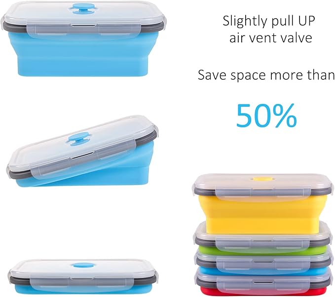 Collapsible Food Storage Containers with Airtight Lid, 27 oz, Kitchen Stacking Silicone Collapsible Meal Prep Container Set for Leftover, Microwave Freezer Dishwasher Safe, 4 Colors, Set of 4