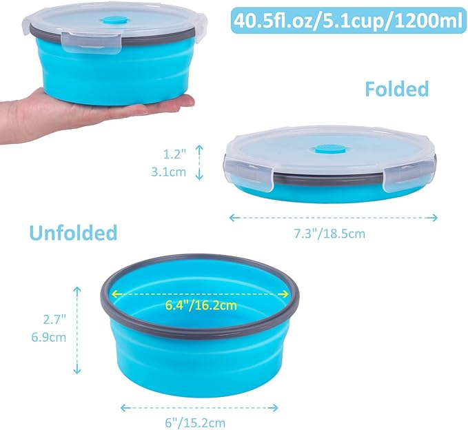 Collapsible Food Storage Containers with Airtight Lid, 40.5 oz, Kitchen Stacking Silicone Collapsible Meal Prep Container Set for Leftover, Microwave Freezer Dishwasher Safe, 4 Colors Round, Set of 4