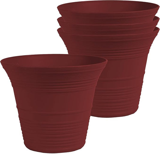The HC Companies 7 Inch Sedona Round Self Watering Planter Pots, Lightweight UV-Resistant Plastic Outdoor Planters, 4-Pack Flower Pots for Garden & Home Decor, Wild Red