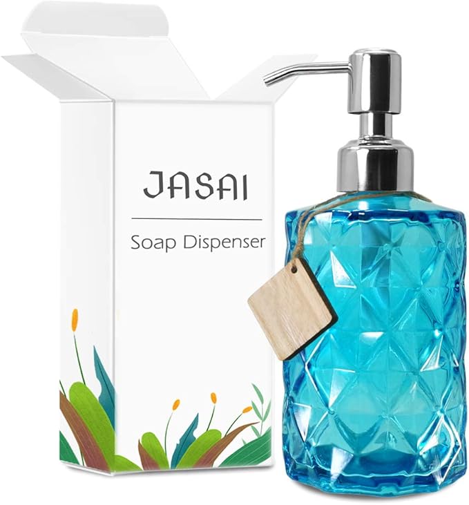 JASAI Diamond Design Soap Dispenser with 304 Rust Proof Stainless Steel Soap Pump, 12 Ounce Kitchen Soap Dispenser for Bathroom, Hand Soap, Dish Soap (Clear Blue).
