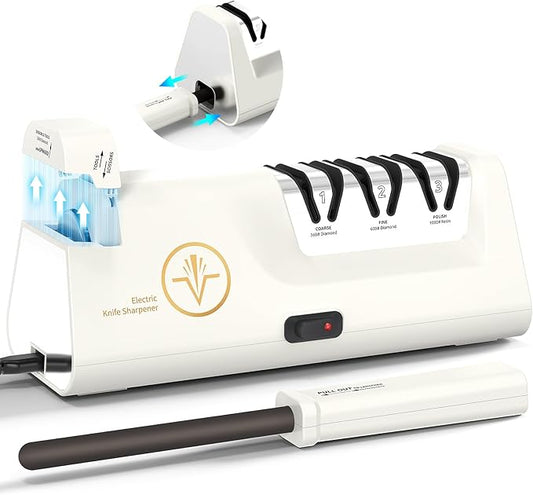 Professional Electric Knife Sharpeners with Diamond Abrasives and Precision Angle Guides, Multifunctional 4-Stage Slots and a hidden Knife Sharpener Rod, Suitable for various knives, scissors, axes ﻿