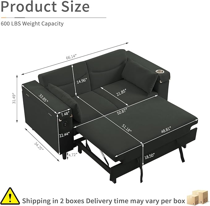 66" Multi-Functional Pull-Out Sofa Bed with Hidden Side Table, Storage Armrests, Built-in Charging Port, Spring Mattress, Solid Wood Frame – Ideal for Small Spaces, Easy Assembly