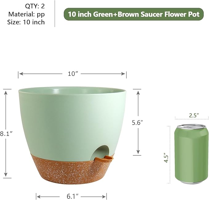 10 inch Self Watering Pots, 2 Pack Plastic Planters with Mesh Drainage Holes for Garden Plants and Flower, Plants Pots with Deep Reservoir for Indoor Outdoor Plants, Green with Brown