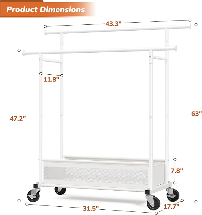 Clothes Rack, Double Rod Clothing Rack with Storage Bag & Sturdy Wheels, Metal Garment Rack for Closet Organizers and Storage, 43.3" W×17.7" D×63" H