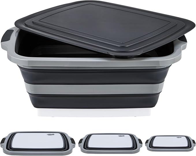 TANOSHII 3-Piece Collapsible BBQ Prep Tubs with Lids and Built-in Cutting Board – For Meal Prep Marinating Food Storage&Washing – Picnic Camping – Set of 3 – (1) Medium + (1) L + (1) XL – Black