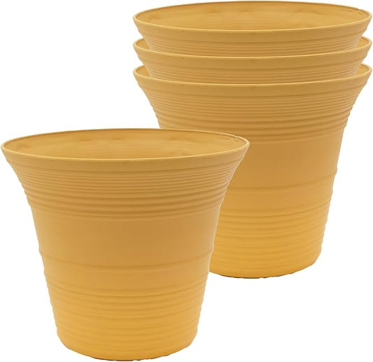 The HC Companies 7 Inch Sedona Round Self Watering Planter Pots, Lightweight UV-Resistant Plastic Outdoor Planters, 4-Pack Flower Pots for Garden & Home Decor, Honey