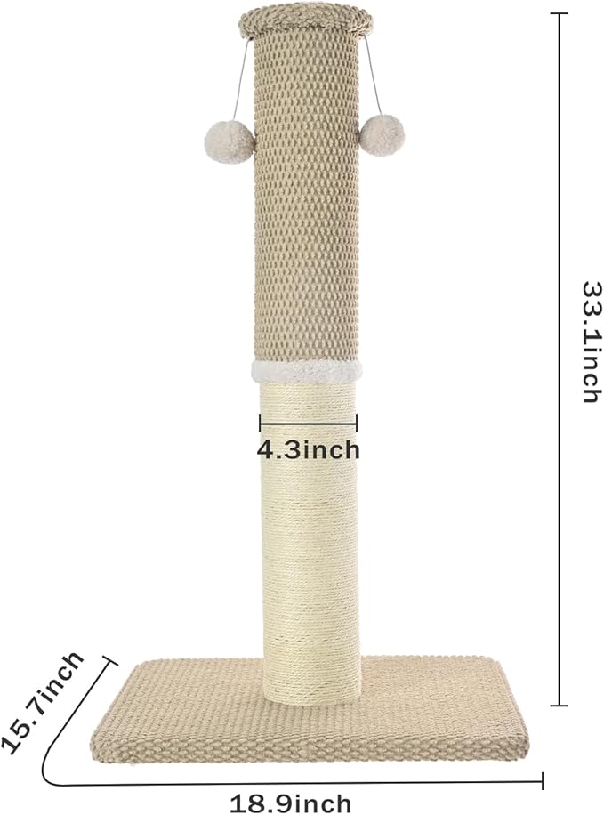 Made4Pets Tall Cat Scratching Post, Heavy Duty and Thicker Scratching Posts for Indoor Cats Adults, 33" Natural Sisal Cat Scratcher with Hanging Balls, Sturdy Base Cat Scratch Post, Beige
