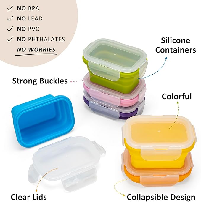 Collapsible Food Storage Containers with Lids, Small Silicone Snack Containers, Stackable Portion Control Containers, Mini Fridge Organizer, Microwave Freezer Dishwasher Safe, 6.5oz, 6 Pack