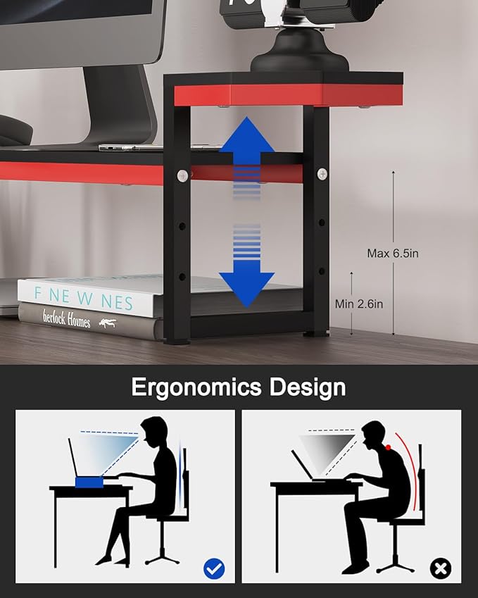 Monitor Stand for Desk,Wood and Steel Monitor Stand Riser with Side Storage shelf,Height Adjustable Computer Monitor Stand,Long Desk Shelf Organizer for Computer/Laptop/PC/Printer, Black+Red