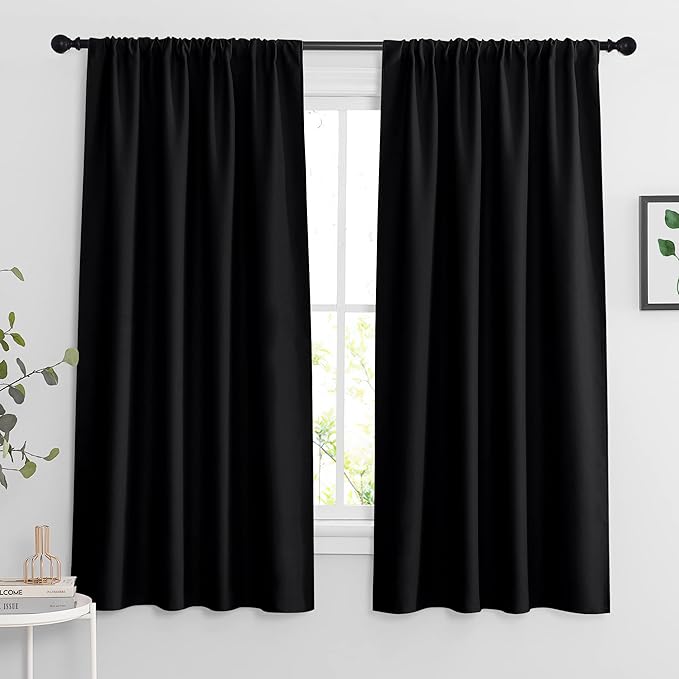 RYB HOME Blackout Curtains 63 inches Long - Energy Saving Insulation Large Window Curtain Blinds for Bedroom Living Room Dining Basement Home Office, W 62 x L 63 per Panel, Black, 2 Pcs