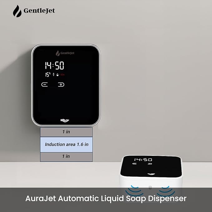 AuraJet Automatic Liquid Soap Dispenser Touchless - Adjustable Levels, Digital Display, Aluminum Alloy Body, Battery Operated or USB-Powered Automatic Hand Soap Dispenser Wall Mount