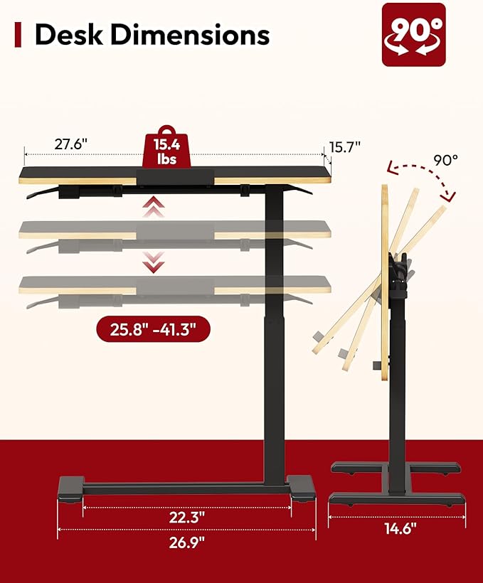 SANODESK Medical Adjustable Overbed Bedside Table with Casters 90° Tilt Top Pneumatic Mobile Rolling Laptop Computer Standing Desk Cart with Tray, Hospital and Home Use(27.6" W x 15.7" D, Black)