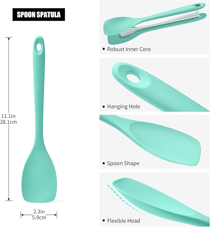 Doosu Silicone Spoon Spatula, 600ºF Heat-Resistant Food Grade Rubber Spoonula with Seamless Design, Non-Stick Flexible Scraper Kitchen Cooking Spoon Baking Tool for Mixing, Scraping (Aqua Sky)