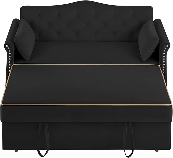 57'' Convertible Sleeper Sofa Bed with Adjustable Backrest, Chaise Lounge, 2 Pillows & Side Storage Pockets – Stylish & Functional Furniture for Living Room or Small Spaces (Black Sofa Bed)