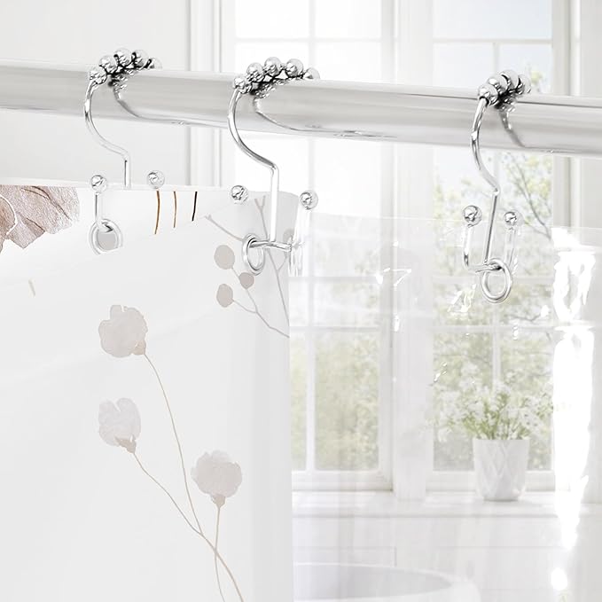 Gibelle 3 in 1 Shower Curtain Set, Brown Watercolor Floral Bath Curtain and PEVA Liner Set with 12 Double Sided Steel Hooks, Waterproof Fabric Bathroom Curtain 72x72