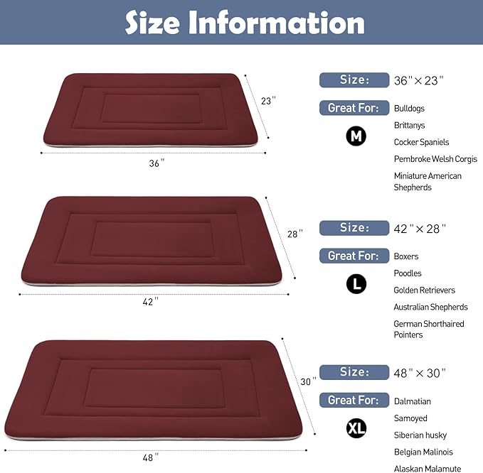 JoicyCo Dog Bed Soft Dog Crate Bed Pad Mat, 36 in Non Slip Bottom Washable Beds for Medium and Large Dogs, Pet Bed Mattress Kennel Pad, Dark Red