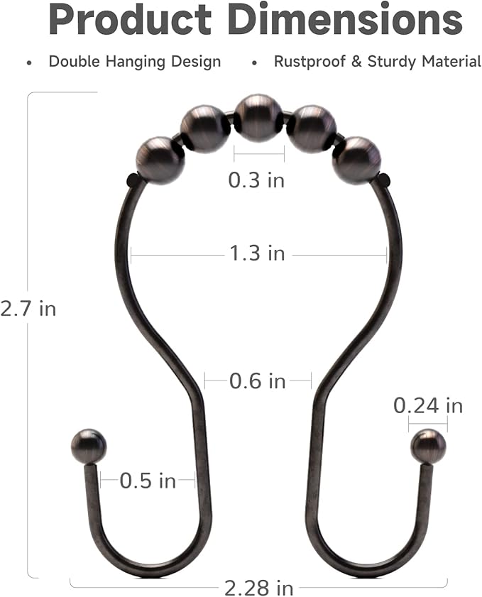 Shower Curtain Hooks Bronze Shower Curtain Rings Rust Proof Double Hook Shower Curtain Hooks, 12 Pcs Shower Hooks for Shower Curtain, Shower Rings for Curtain Bathroom, Metal Shower Rod Hooks