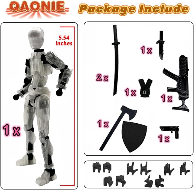 (Assembly Completed) 3D Printed Figure 5.54-inch Dummy13 with Weapon Expansion Set, Full Body Mechanical Movable Toy, Desk Decoration. (Transparent)