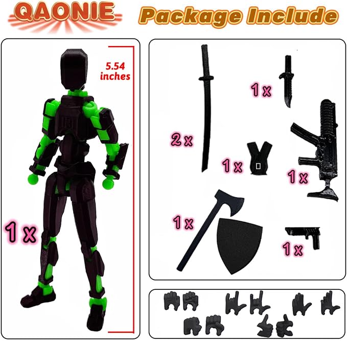 (Assembly Completed) 3D Printed Figure 5.54-inch Dummy13 with Weapon Expansion Set and Bracket, Full Body Mechanical Movable Toy, Desk Decoration. (Black+Green)