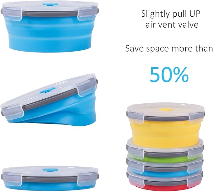 Collapsible Food Storage Containers with Airtight Lid, 27 oz, Kitchen Stacking Silicone Collapsible Meal Prep Container Set for Leftover, Microwave Freezer Dishwasher Safe, 4 Colors Round, Set of 4