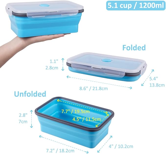 Collapsible Food Storage Containers with Airtight Lid & Air Vent, 40.5 oz, Kitchen Stacking Silicone Collapsible Meal Prep Container Set for Leftover, Microwave Freezer Dishwasher Safe, Blue, Set of 4