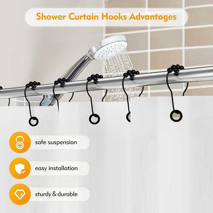 12PCS Shower Curtain Hooks, Shower Curtain Rings Black Rust Proof for Bathroom Shower Rods, Metal Shower Hooks Smooth＆Quick Sliding